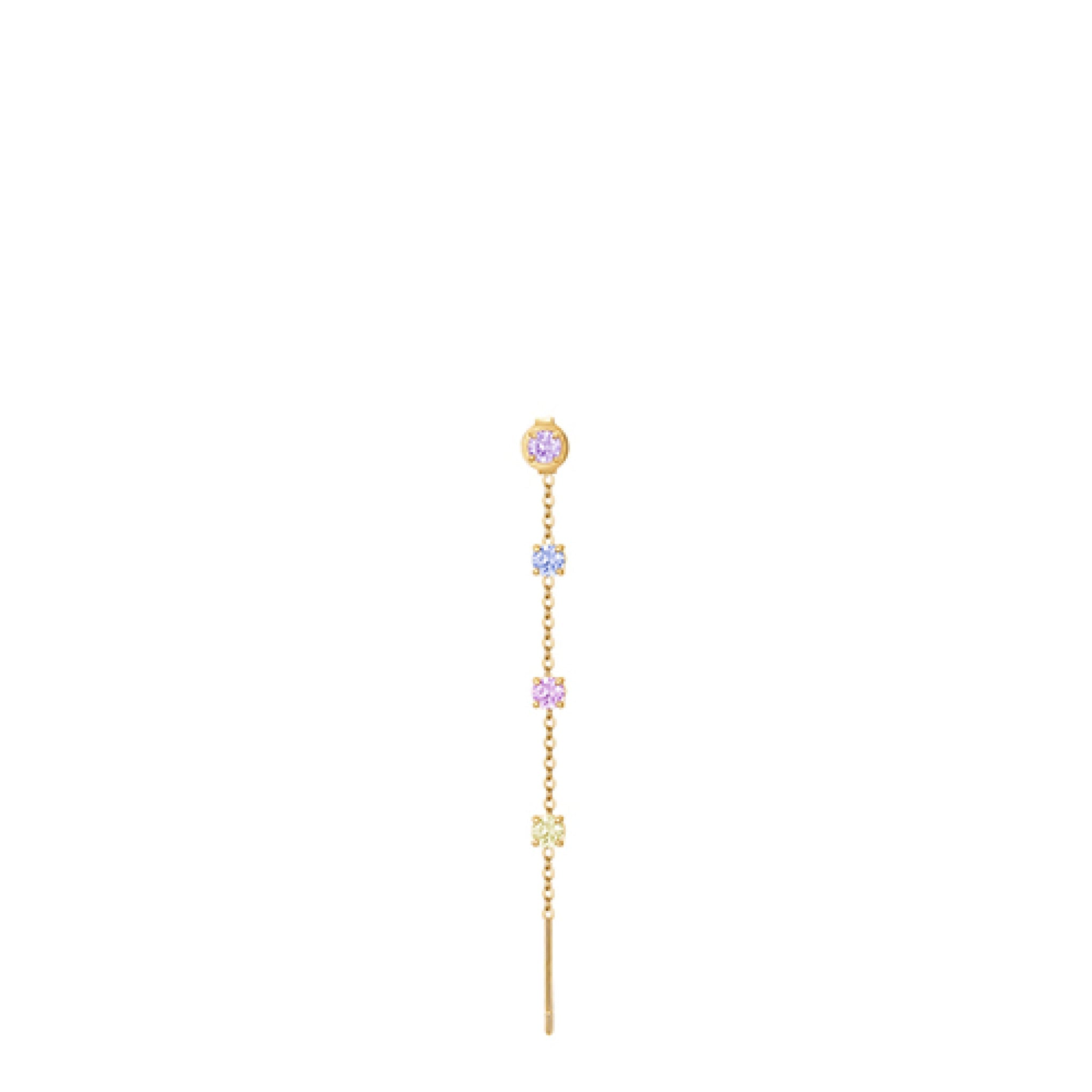 Gold-toned steel single drop earring with a light purple stud, light blue, pink, and yellow square crystals, and a bar.