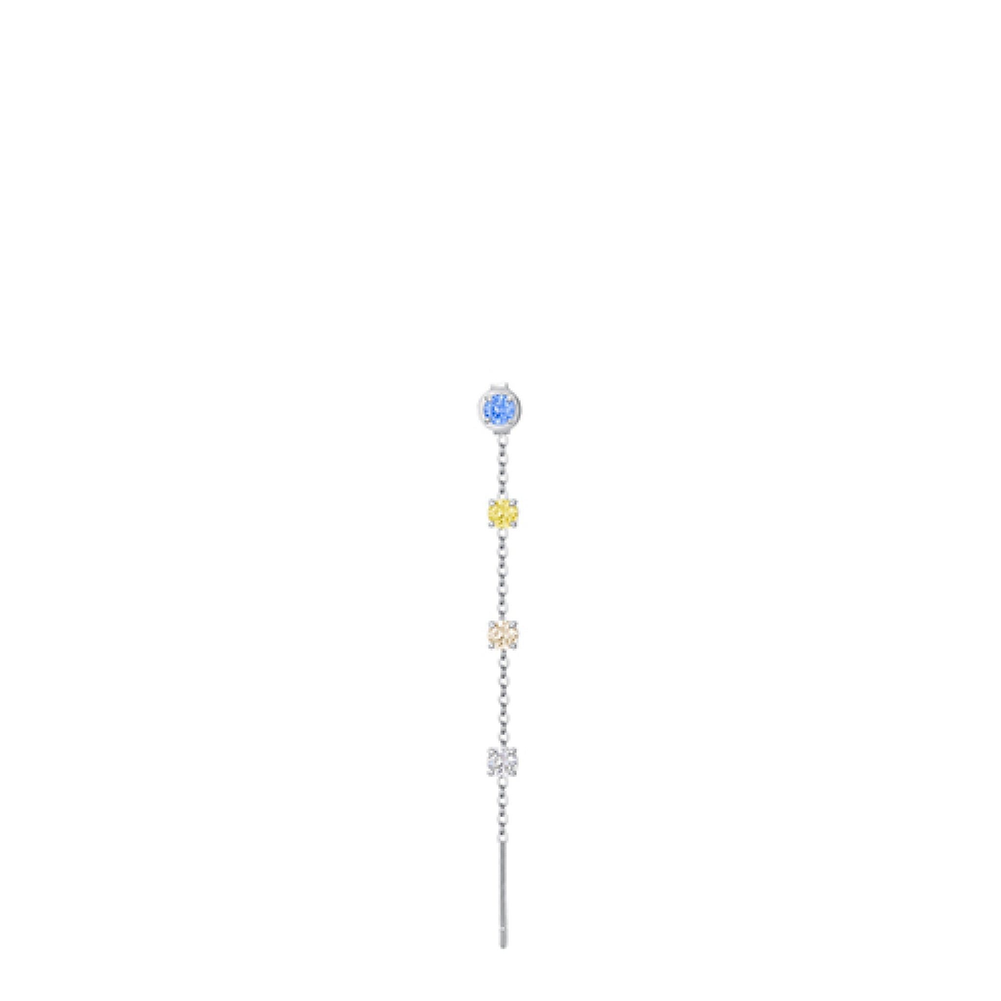 Silver-toned single drop earring with a blue round crystal stud, yellow, light pink, and clear crystal butterfly charms, and