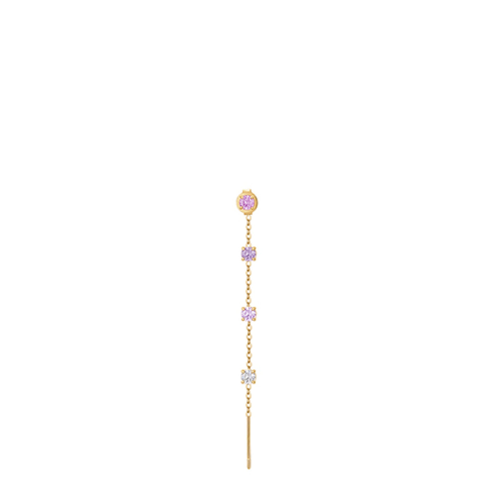 Gold-toned steel single drop earring with a round purple crystal stud, two square purple crystals, a clear bow-shaped crystal