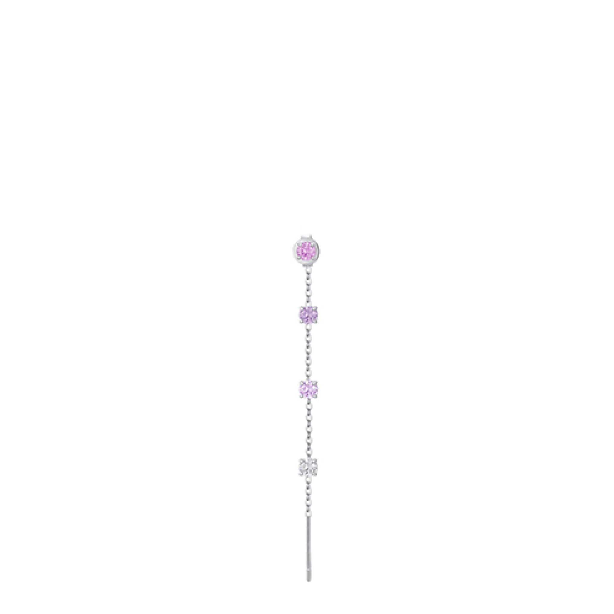 Silver-toned single drop earring with a round pink crystal stud, two square pink crystal clusters, a pink crystal bow, and a