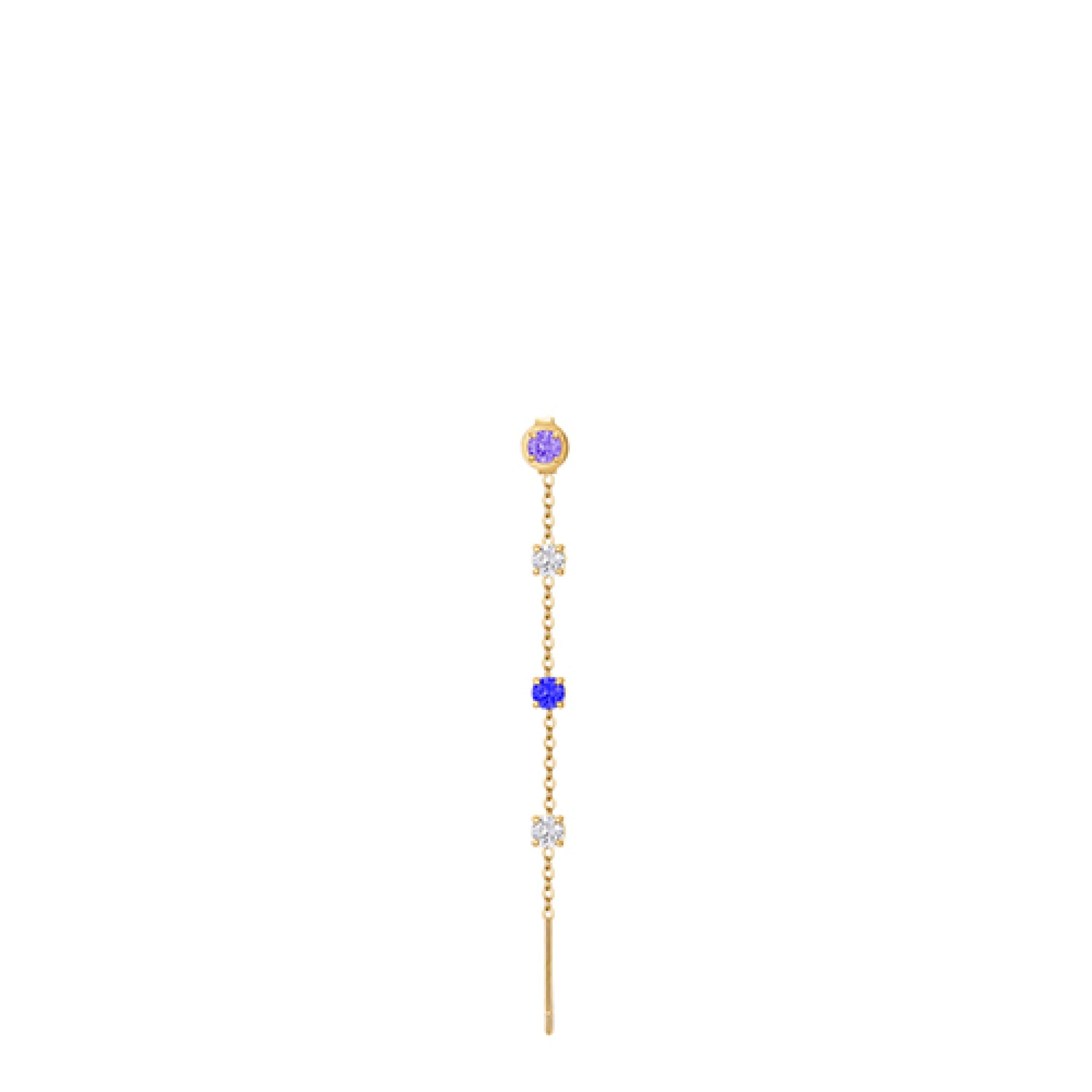 Single gold-toned steel drop earring with a lavender round crystal stud, two clear four-petal crystals, and a blue round crys