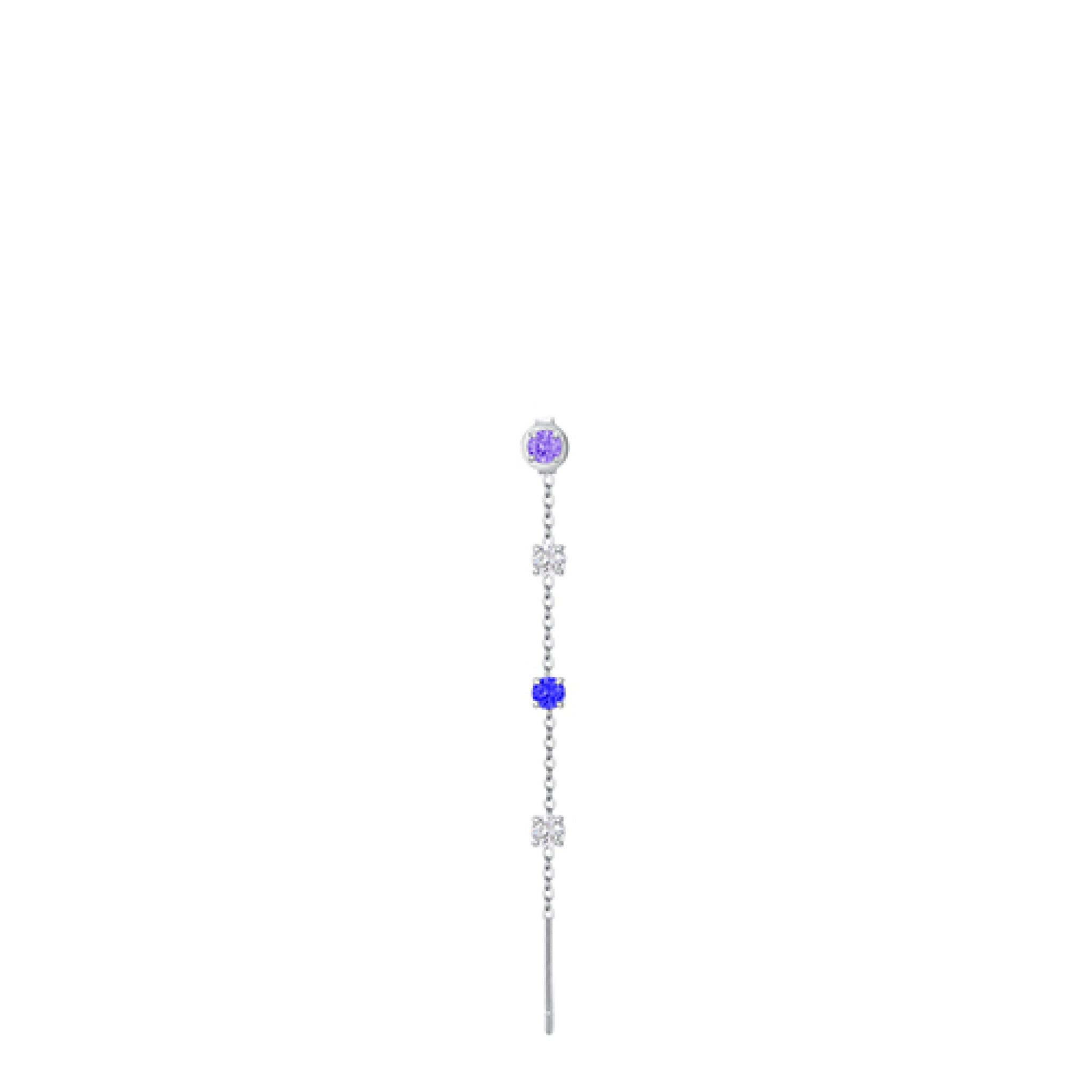 Silver-toned steel single dangle earring with a light purple round crystal stud, a blue round crystal, and clear crystal bow