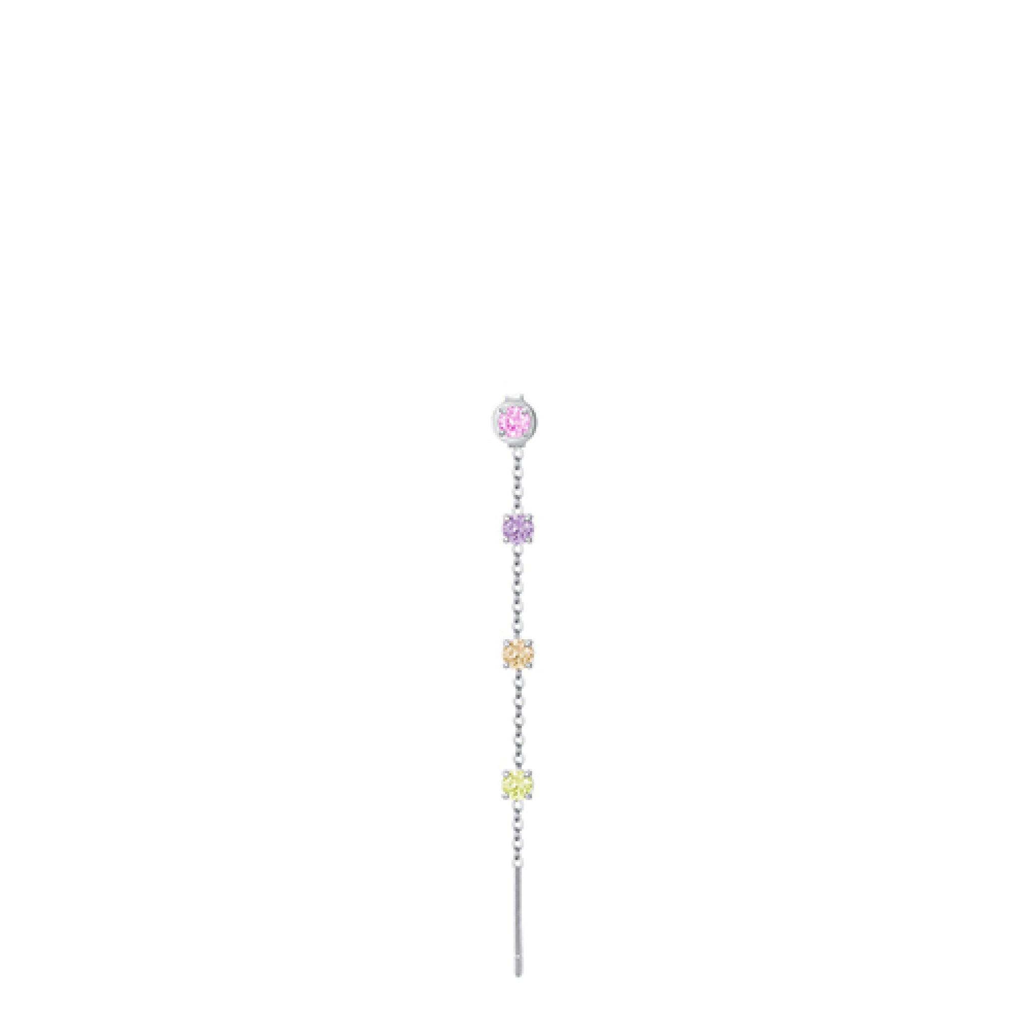 Silver-toned single threader earring with a pink round crystal, purple, yellow, and green square crystals on a chain.