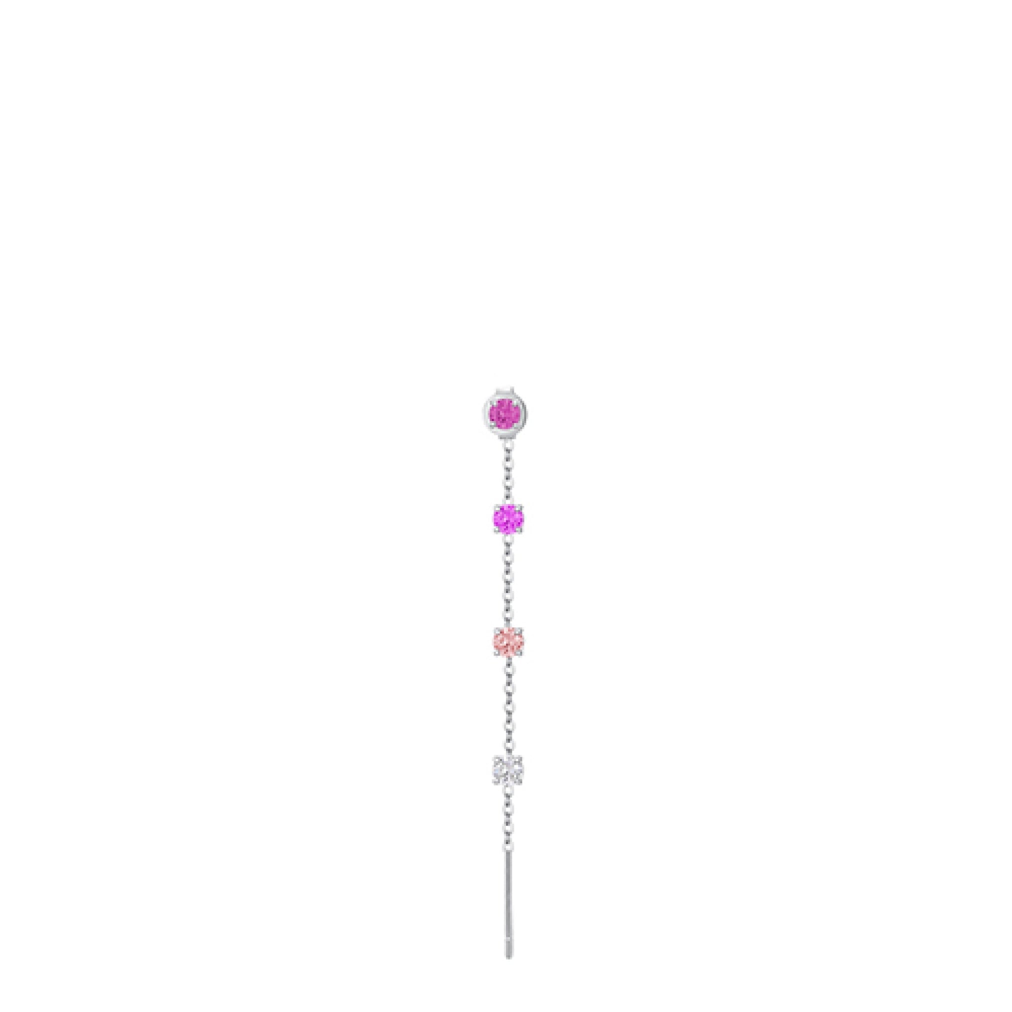 Single silver-toned steel drop earring with a round magenta crystal, square purple crystal, light pink crystal, two crystal b