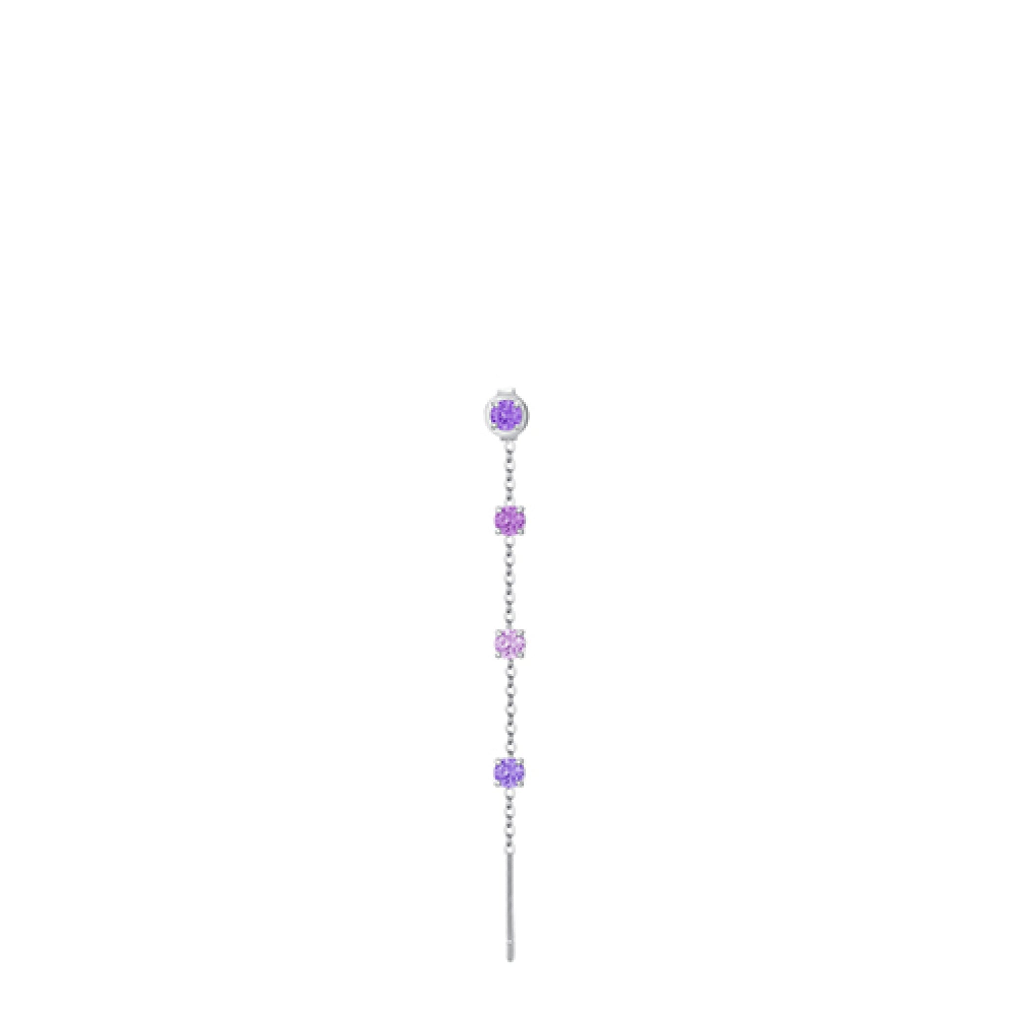 Single drop earring with a silver-toned steel chain, featuring one round and three square purple/lavender crystals, and a sol