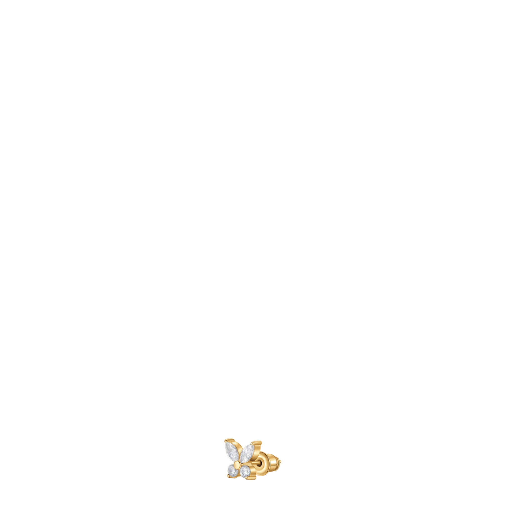 Single gold-toned steel butterfly stud earring with white zircon wings and screw-back closure.