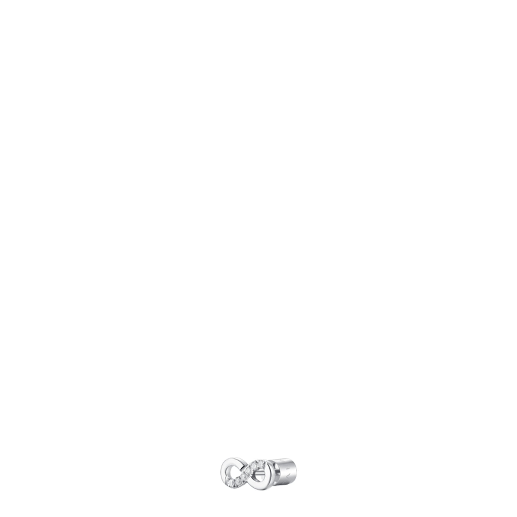 Silver-toned steel stud mono earring with an infinity symbol adorned with white zircon stones.