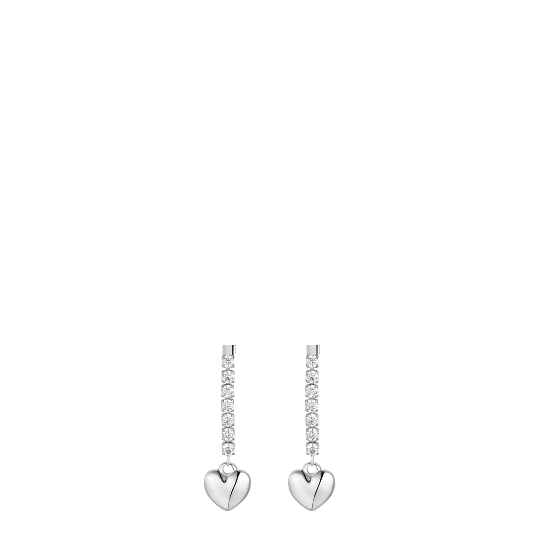 Pair of silver-toned steel drop earrings with a line of white zircons and a polished heart charm.