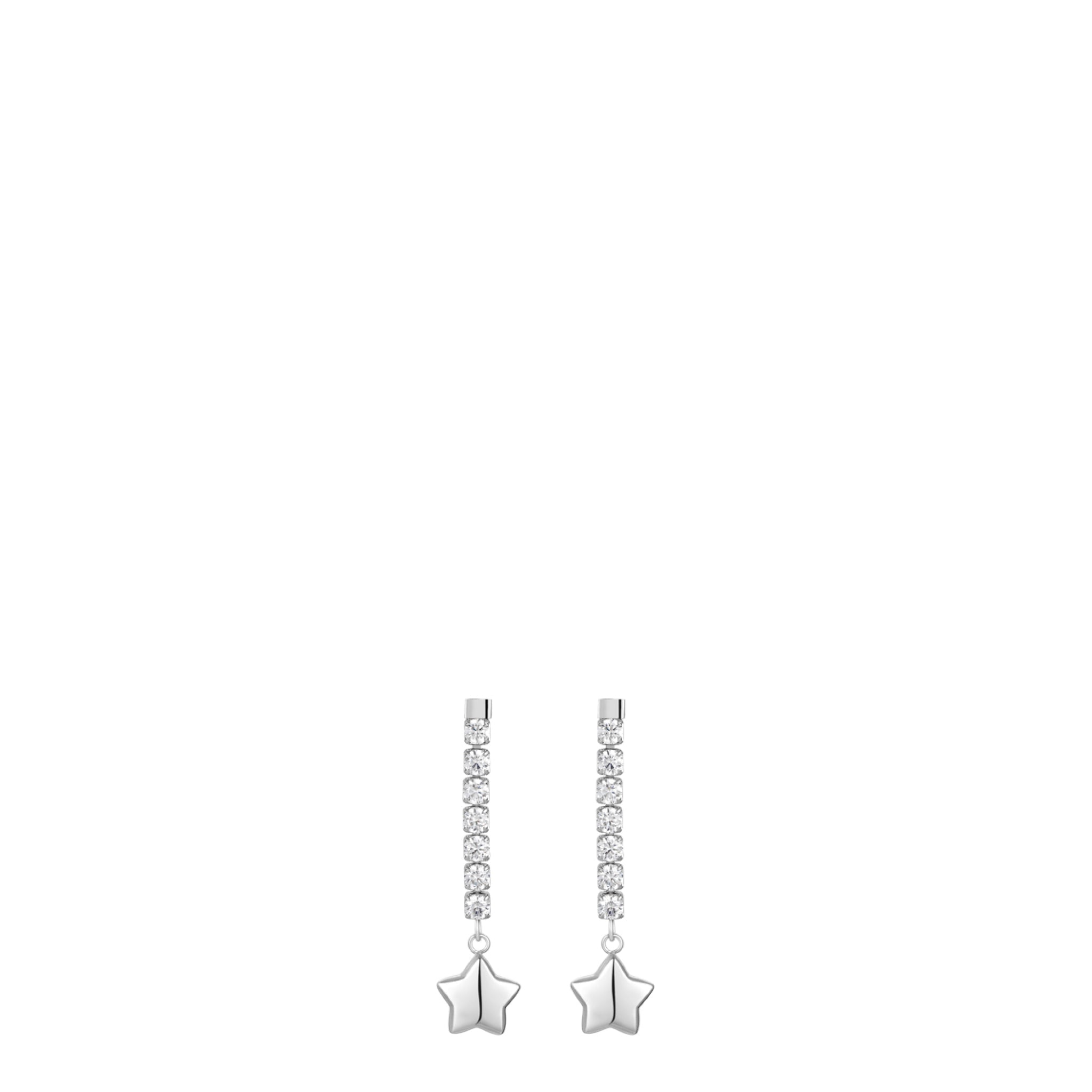 Pair of silver-toned steel dangle earrings, each featuring a line of white zircons and a polished star charm.