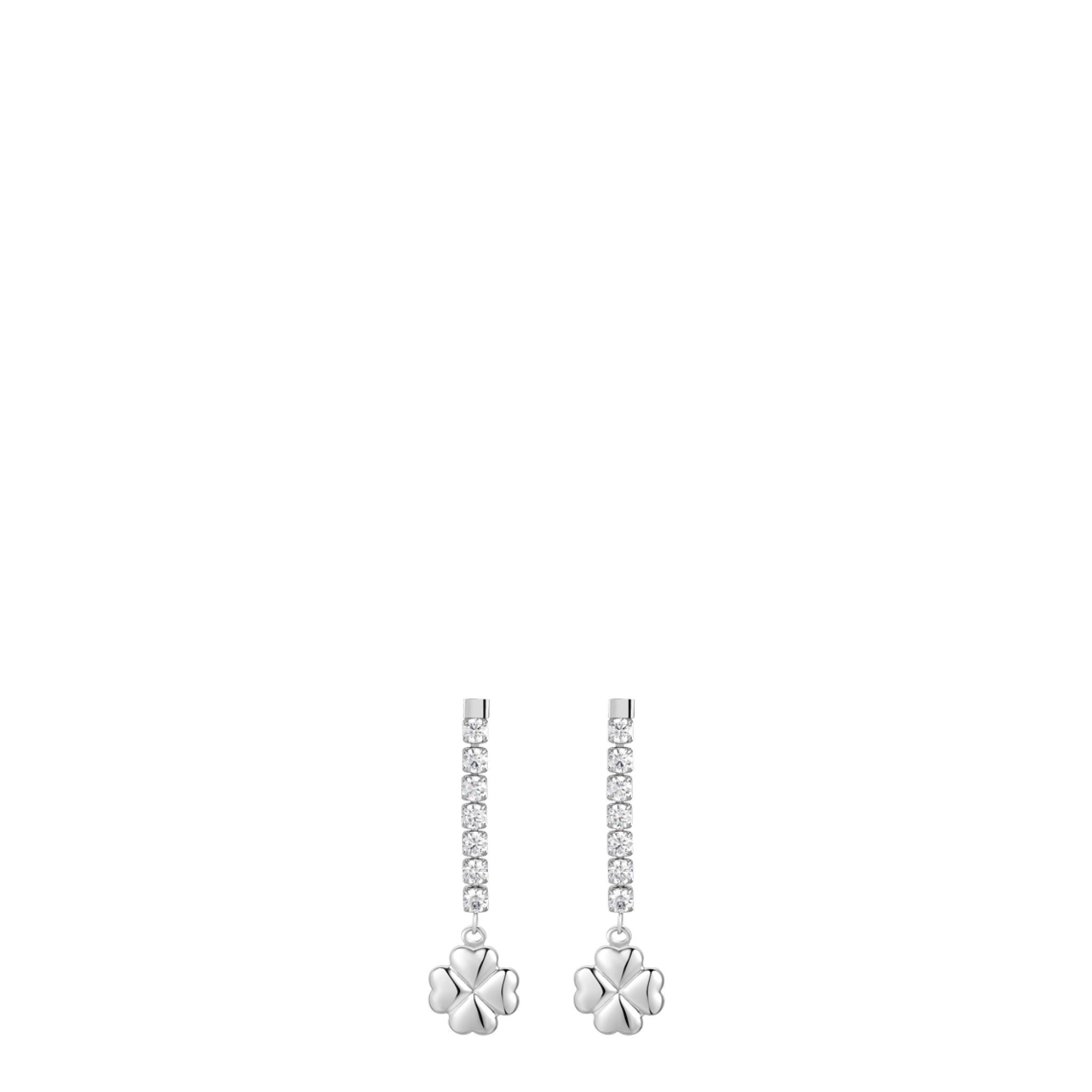 Pair of silver-toned steel drop earrings with a line of white zircons and a four-leaf clover charm.