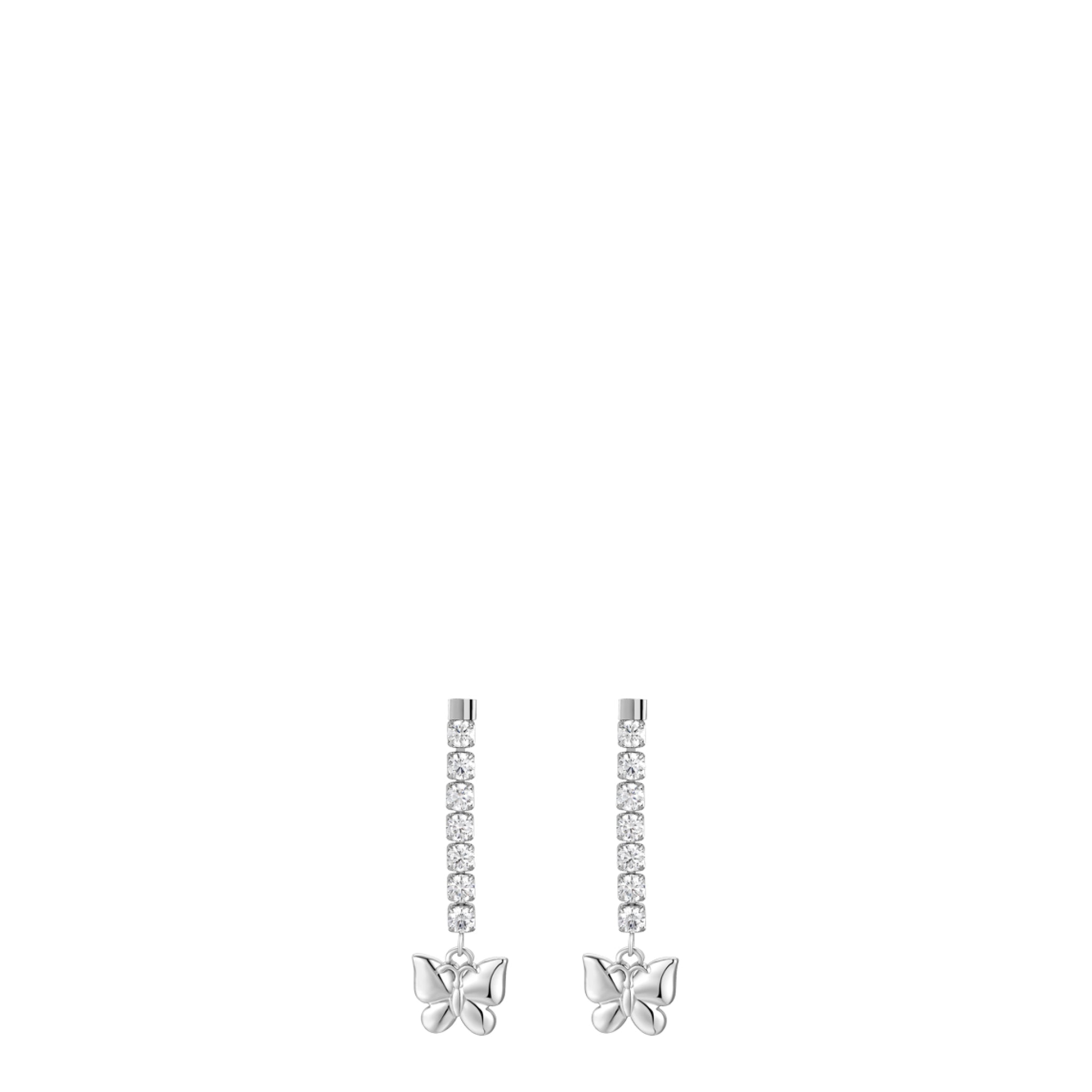 Silver-toned steel drop earrings with a line of white zircons and a butterfly charm.