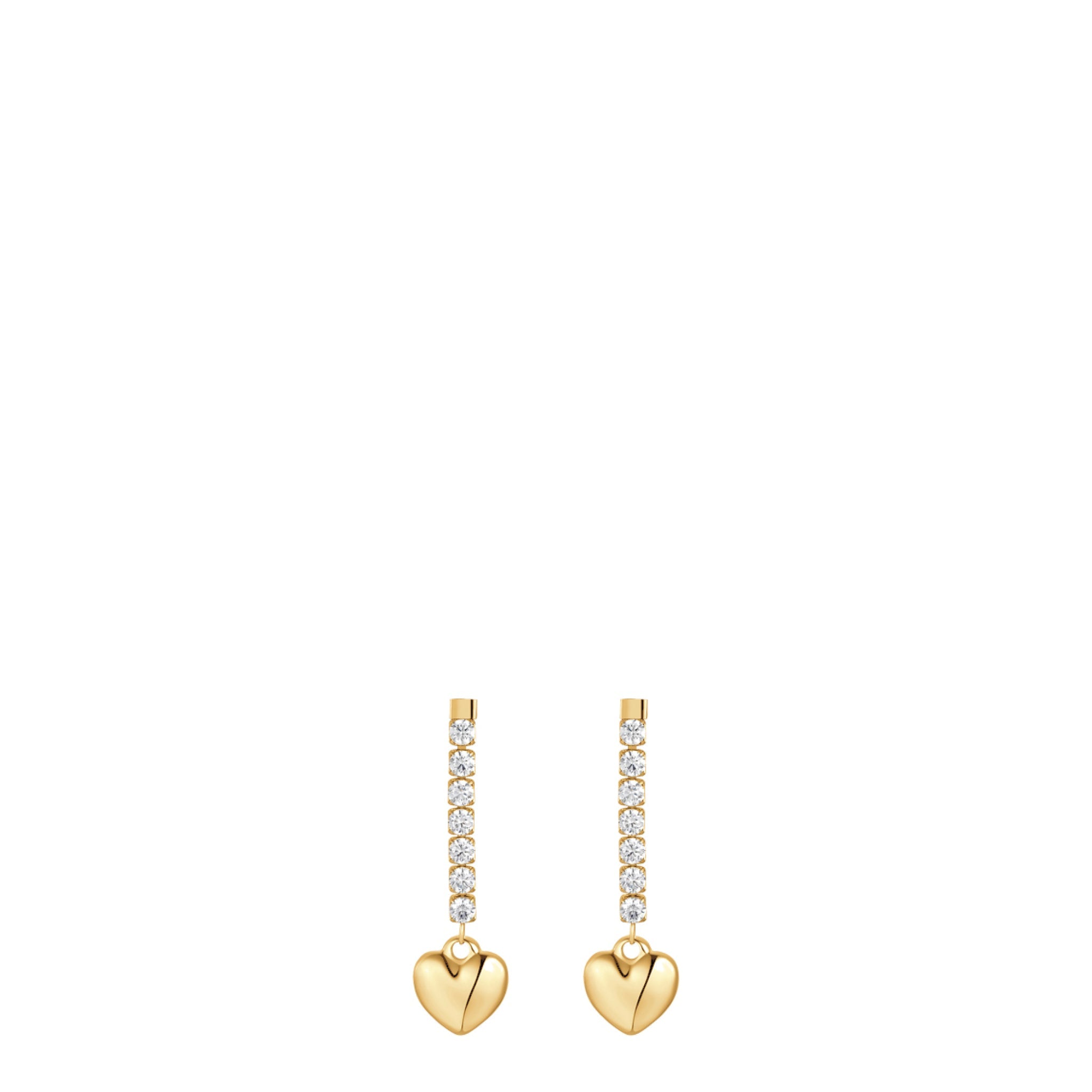 Pair of gold-toned steel drop earrings with a line of white zircons and a puffed heart charm dangling at the bottom.