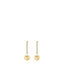 Pair of gold-toned steel drop earrings with a line of white zircons and a puffed heart charm dangling at the bottom.