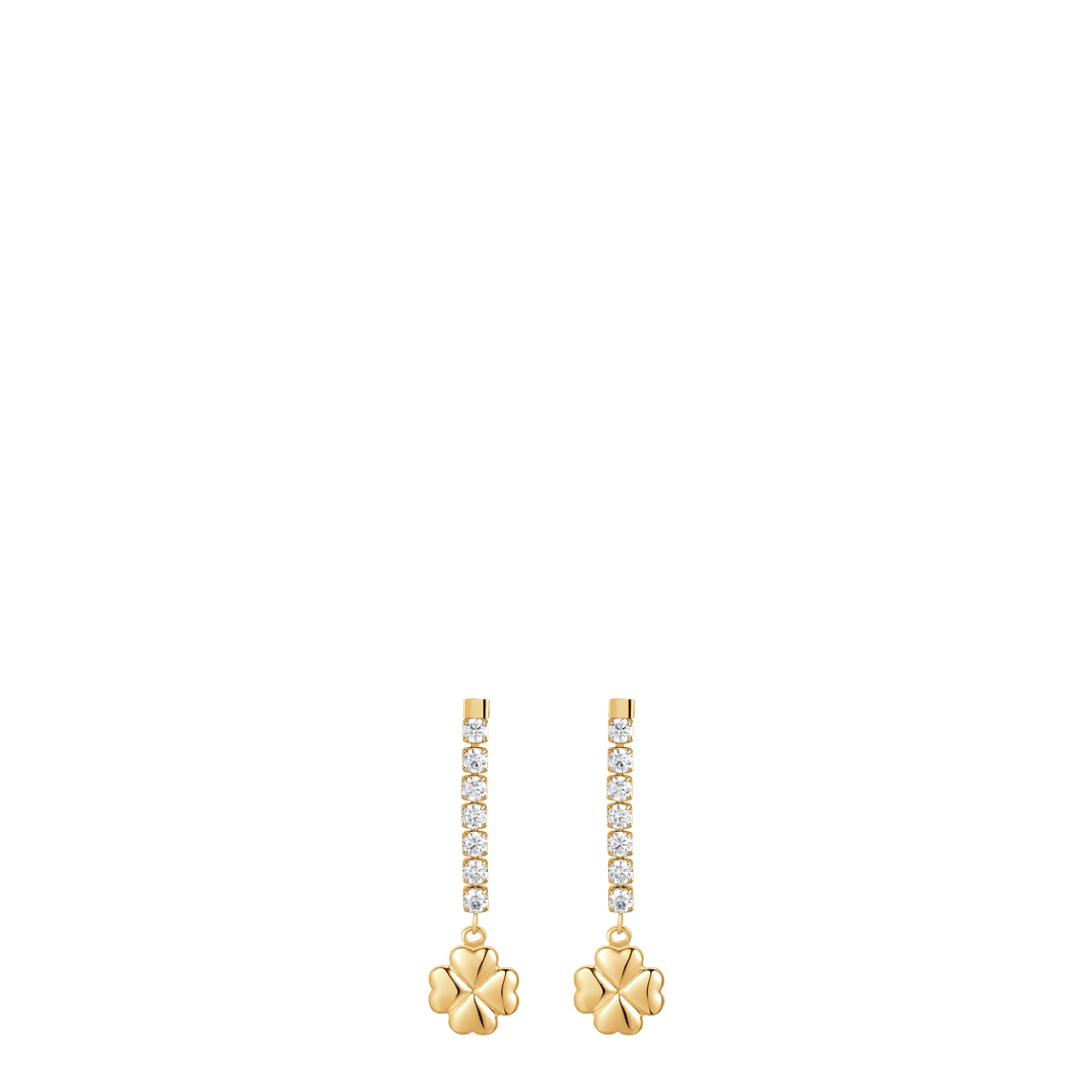 Pair of gold-toned drop earrings, each featuring a vertical line of clear zircons suspending a polished gold-toned four-leaf