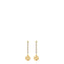 Pair of gold-toned drop earrings, each featuring a vertical line of clear zircons suspending a polished gold-toned four-leaf