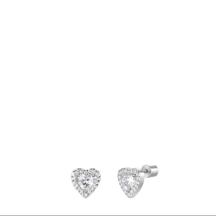 Silver-toned heart stud earrings, each with a large clear zircon center and a halo of smaller clear zircons. One earring show