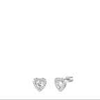 Silver-toned heart stud earrings, each with a large clear zircon center and a halo of smaller clear zircons. One earring show