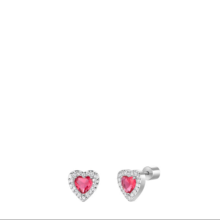 Pair of silver-toned steel heart stud earrings. Each has a red heart stone surrounded by white zircons. One shows a screw-bac