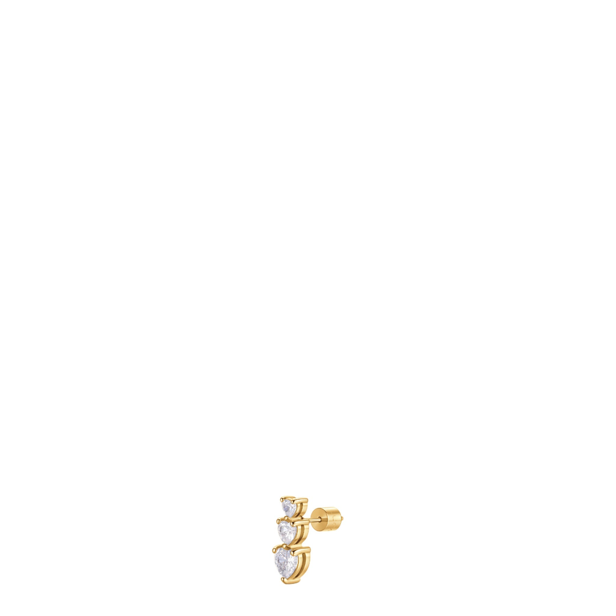 Gold-toned steel mono earring with three graduated heart-shaped clear zircons, secured by a screw-back stud.