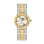 Saint Honore women's watch with a round gold-toned case, white floral patterned dial, and two-tone gold and silver link brace