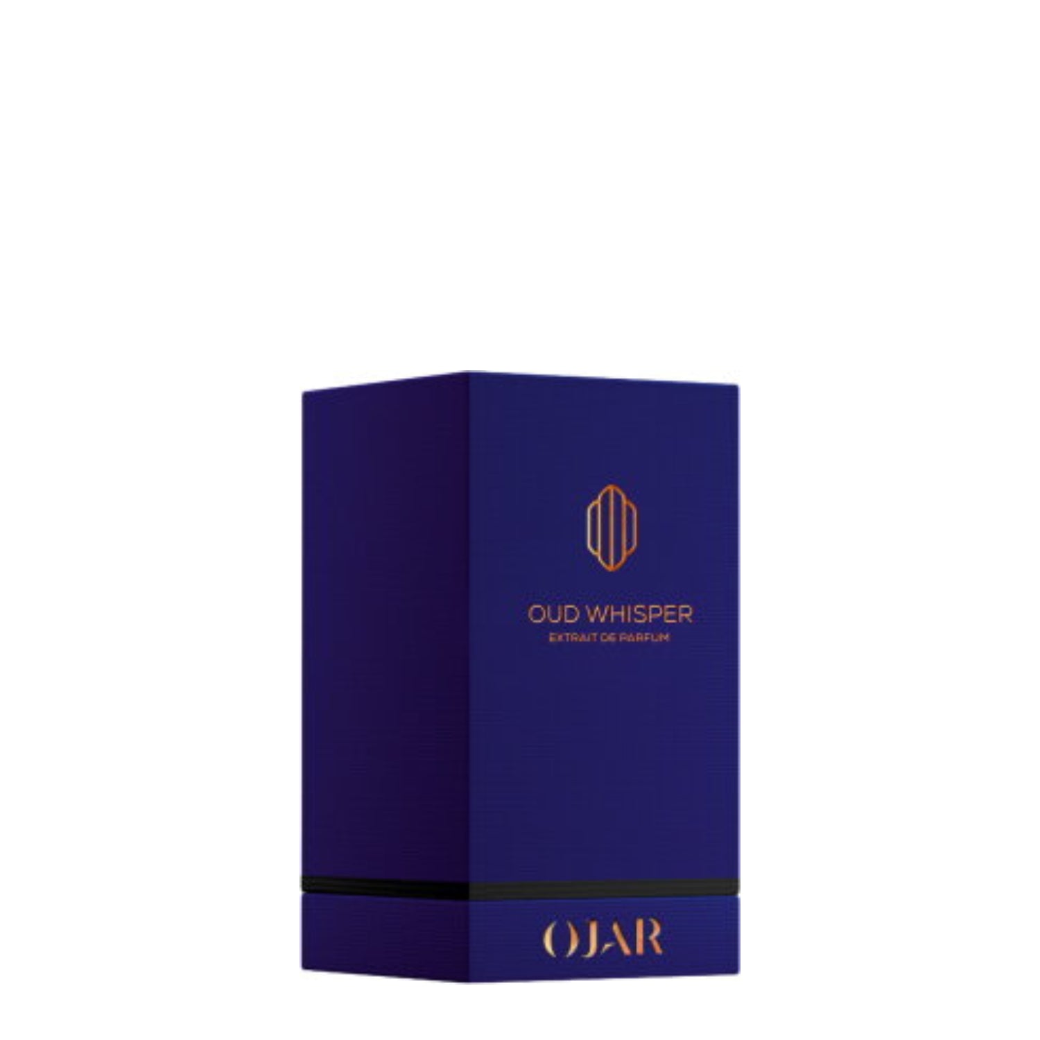 A luxury bottle of OJAR Oud Whisper Extrait de Parfum. The cylindrical bottle is crafted from deep, translucent midnight-blue glass and features the OJAR logo and fragrance name in a vibrant copper-orange foil. It is topped with a reflective copper-toned metallic cap, presented against a clean white background.