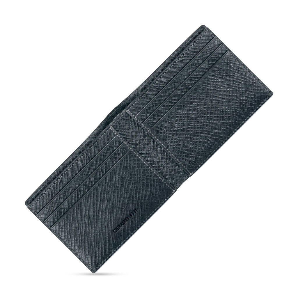 An open interior overview of the bifold card wallet, showing the six vertical inner card slots, premium lining, and the debossed Cerruti 1881 branding on the lower left flap.
