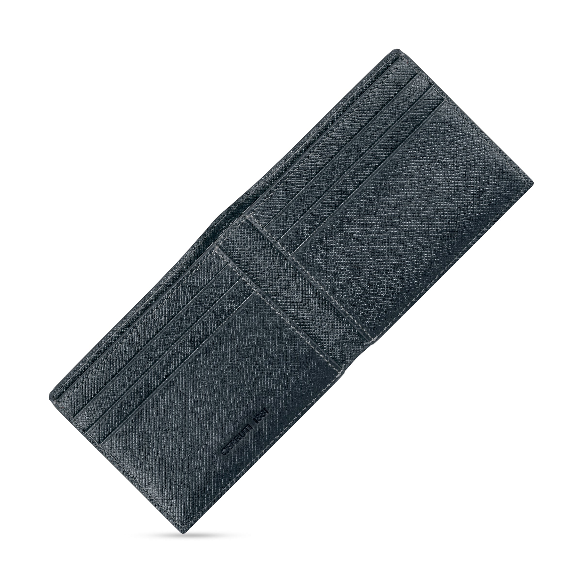 An open interior overview of the bifold card wallet, showing the six vertical inner card slots, premium lining, and the debossed Cerruti 1881 branding on the lower left flap.