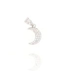 Silver-toned crescent moon charm with a polished finish and clear round simulated gemstones on its inner curve.