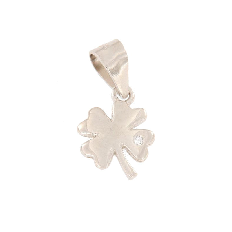 Silver-toned four-leaf clover charm with a small clear round stone embedded in one leaf and a top bail.