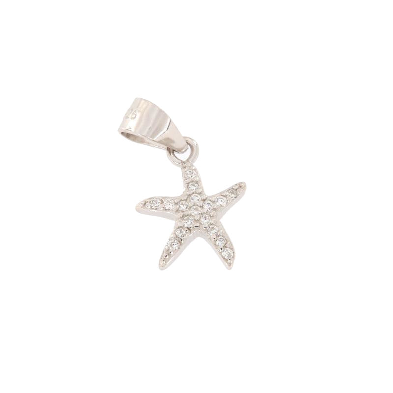 Silver-toned starfish charm with clear pave-set stones and a polished bail.