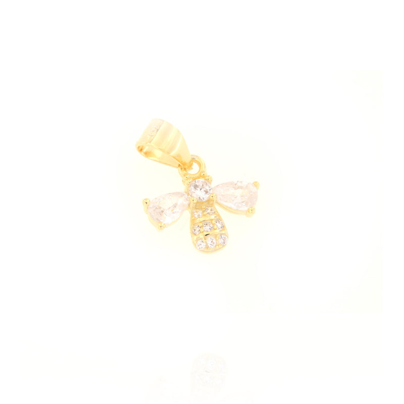 Small gold-toned bee charm with a polished finish, featuring a body set with multiple small round clear stones and two pear-s