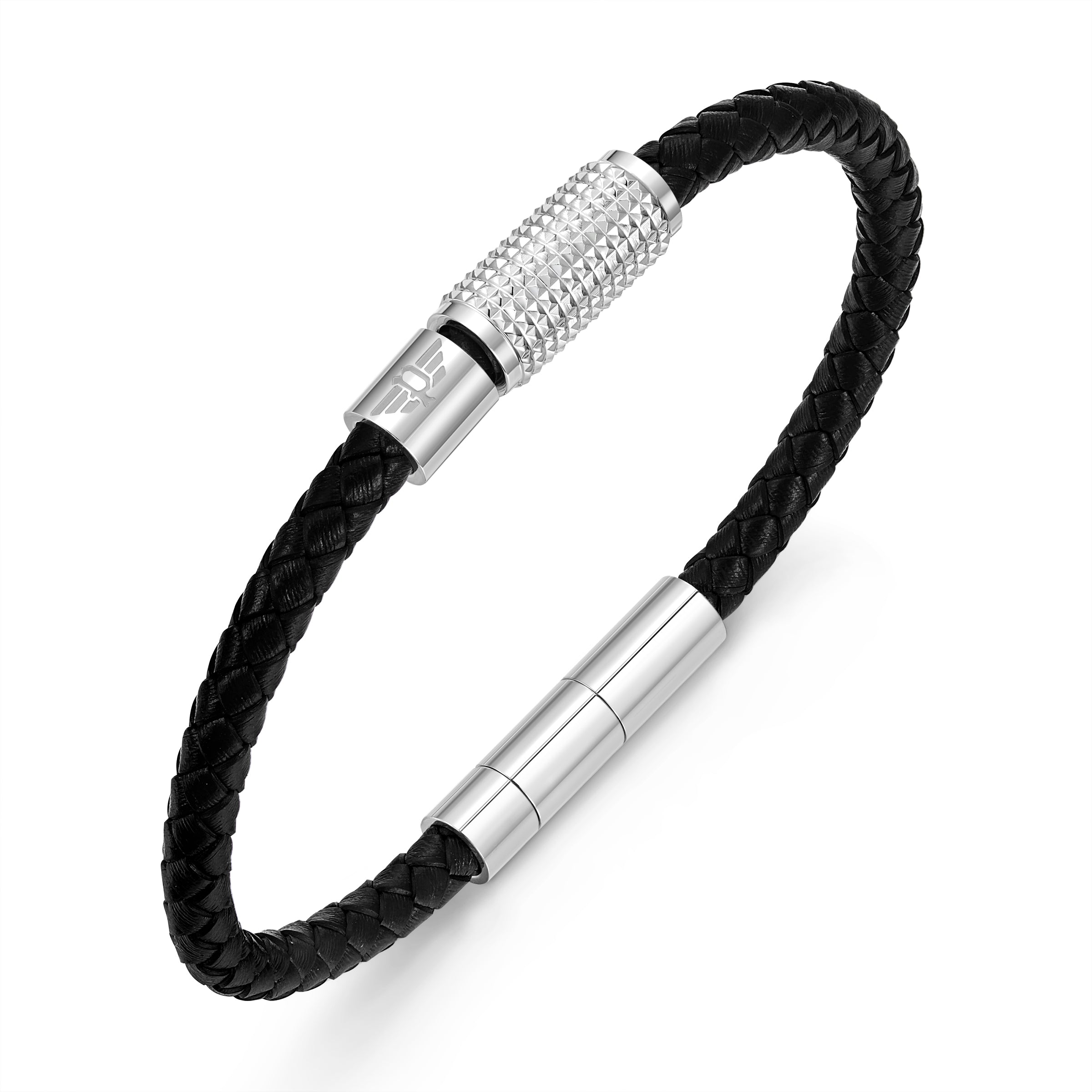 POLICE URBAN TEXTURE SHINY SS CHARMS BLACK LEATHER BRACELET