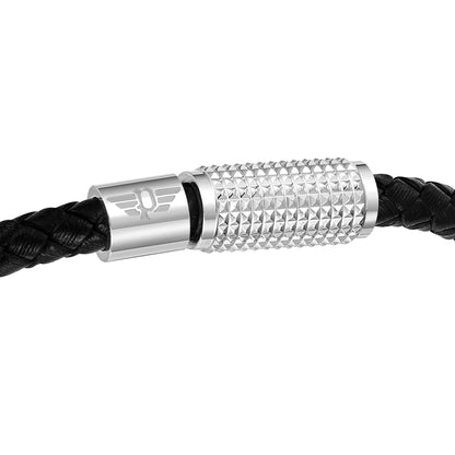 POLICE URBAN TEXTURE SHINY SS CHARMS BLACK LEATHER BRACELET
