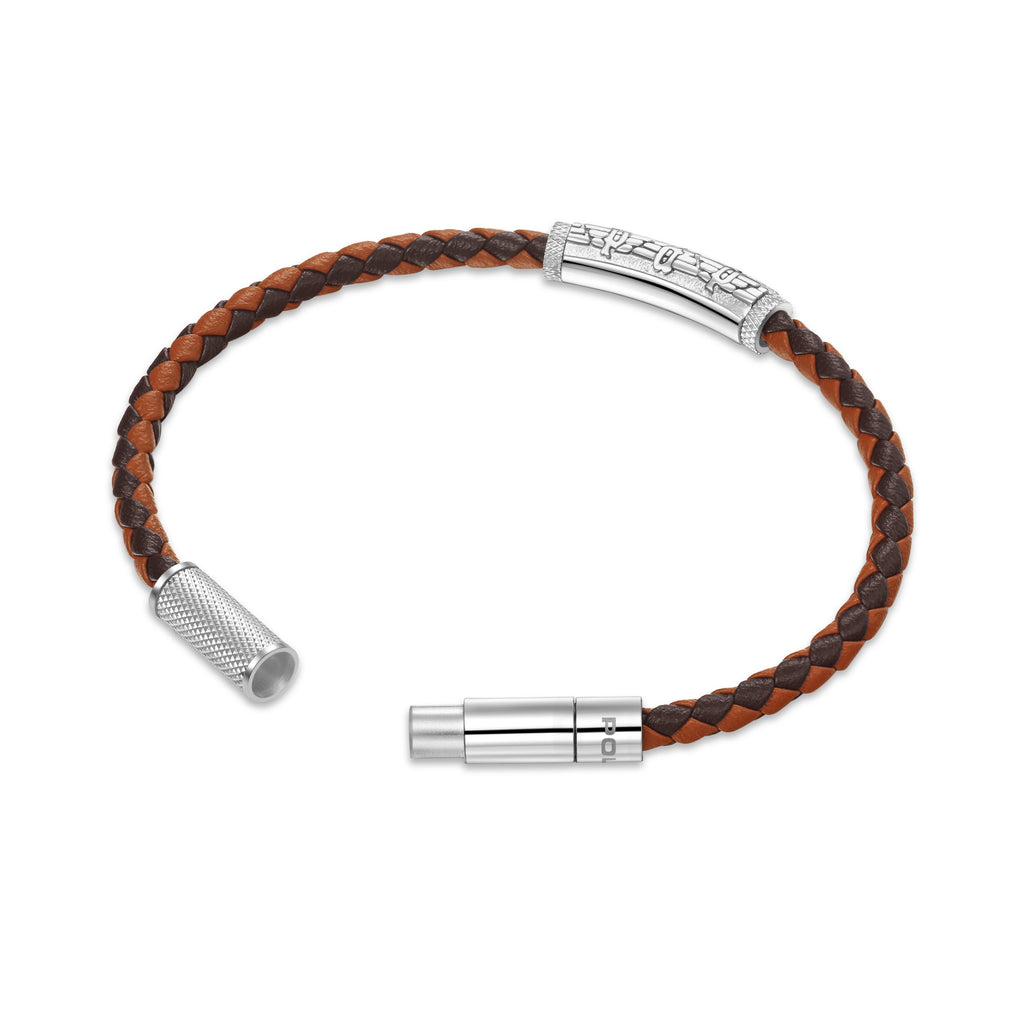 Police Men's Die-Cut Brown and Tan Bi Colour Leather with Wing Logo Bracelet