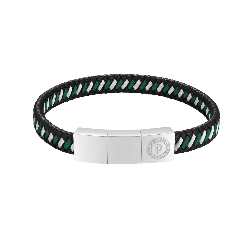 Police Twist Black & Dark Green Woven Leather Bracelet For Men