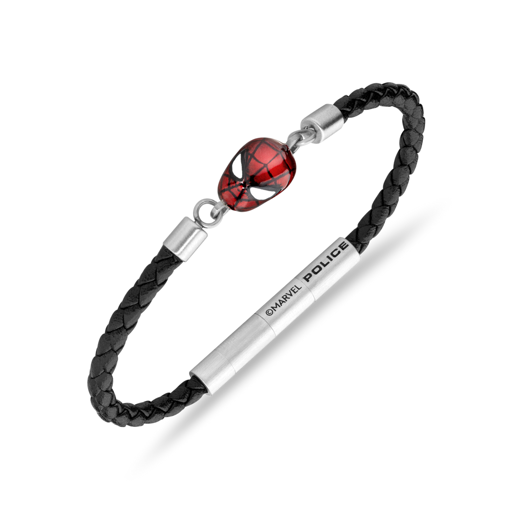 Police Webslinger Limited Edition Black Leather Bracelet with Stainless Steel and Red Accents