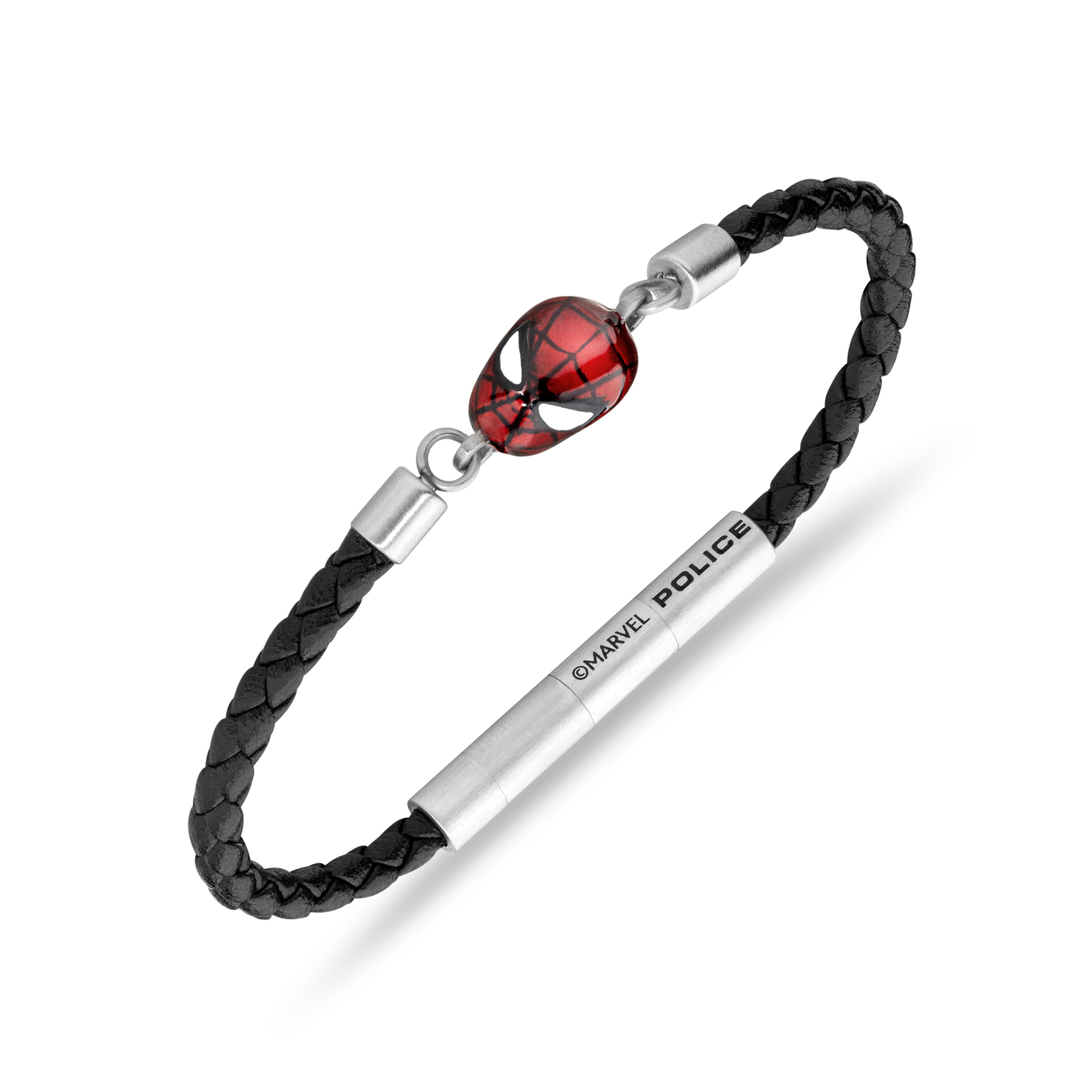 Police Webslinger Limited Edition Black Leather Bracelet with Stainless Steel and Red Accents