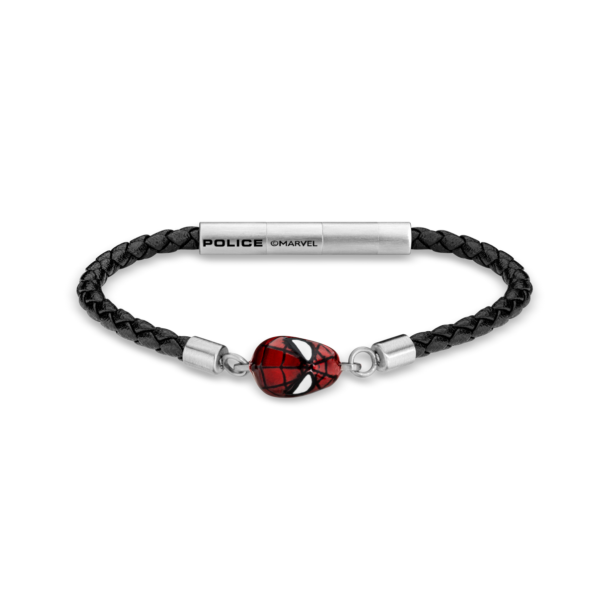 Police Webslinger Limited Edition Black Leather Bracelet with Stainless Steel and Red Accents Police Webslinger Limited Edition Black Leather Bracelet with Stainless Steel and Red Accents