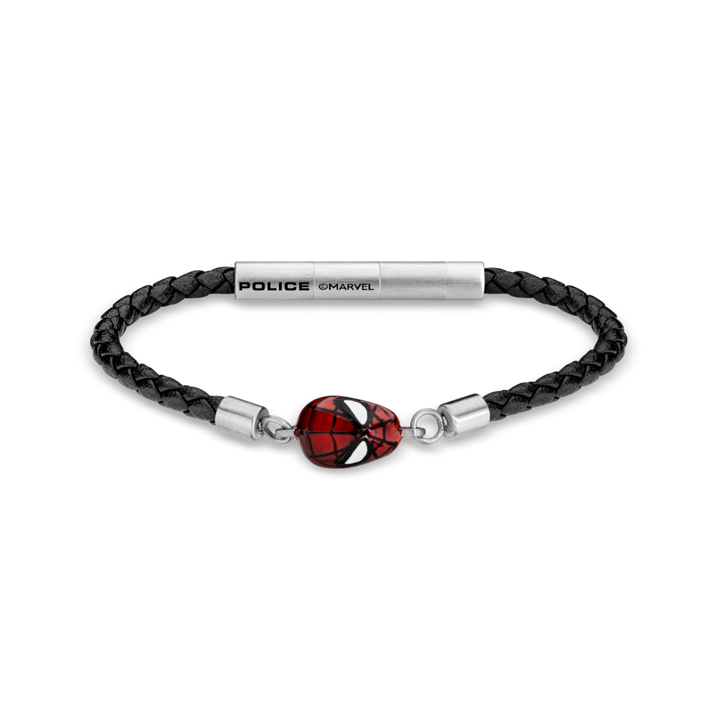 Police Webslinger Limited Edition Black Leather Bracelet with Stainless Steel and Red Accents