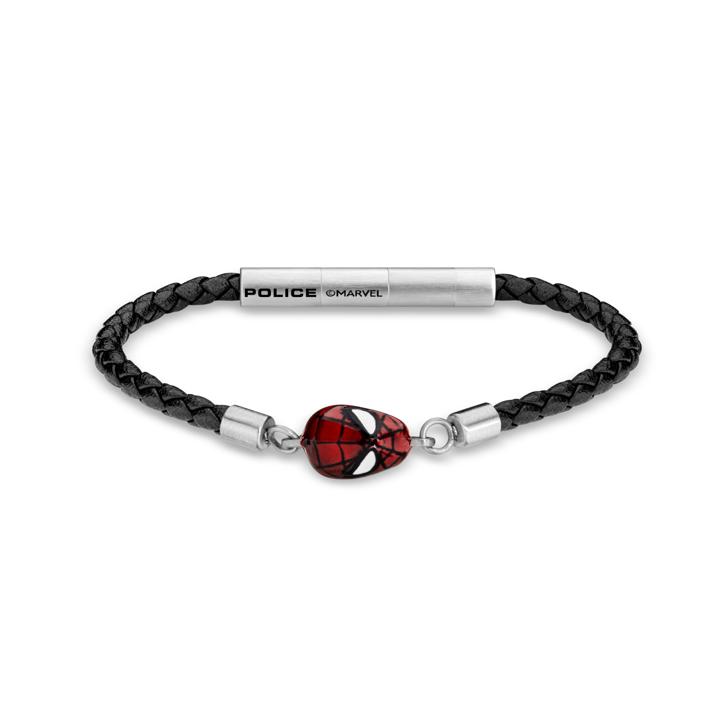 Police Webslinger Limited Edition Black Leather Bracelet with Stainless Steel and Red Accents