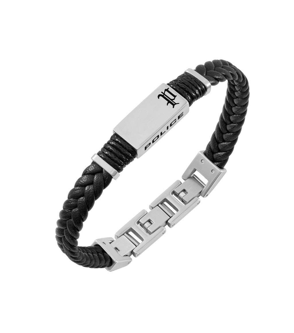 Police Ridgecord Men's Black Braided Leather & Stainless Steel Bracelet