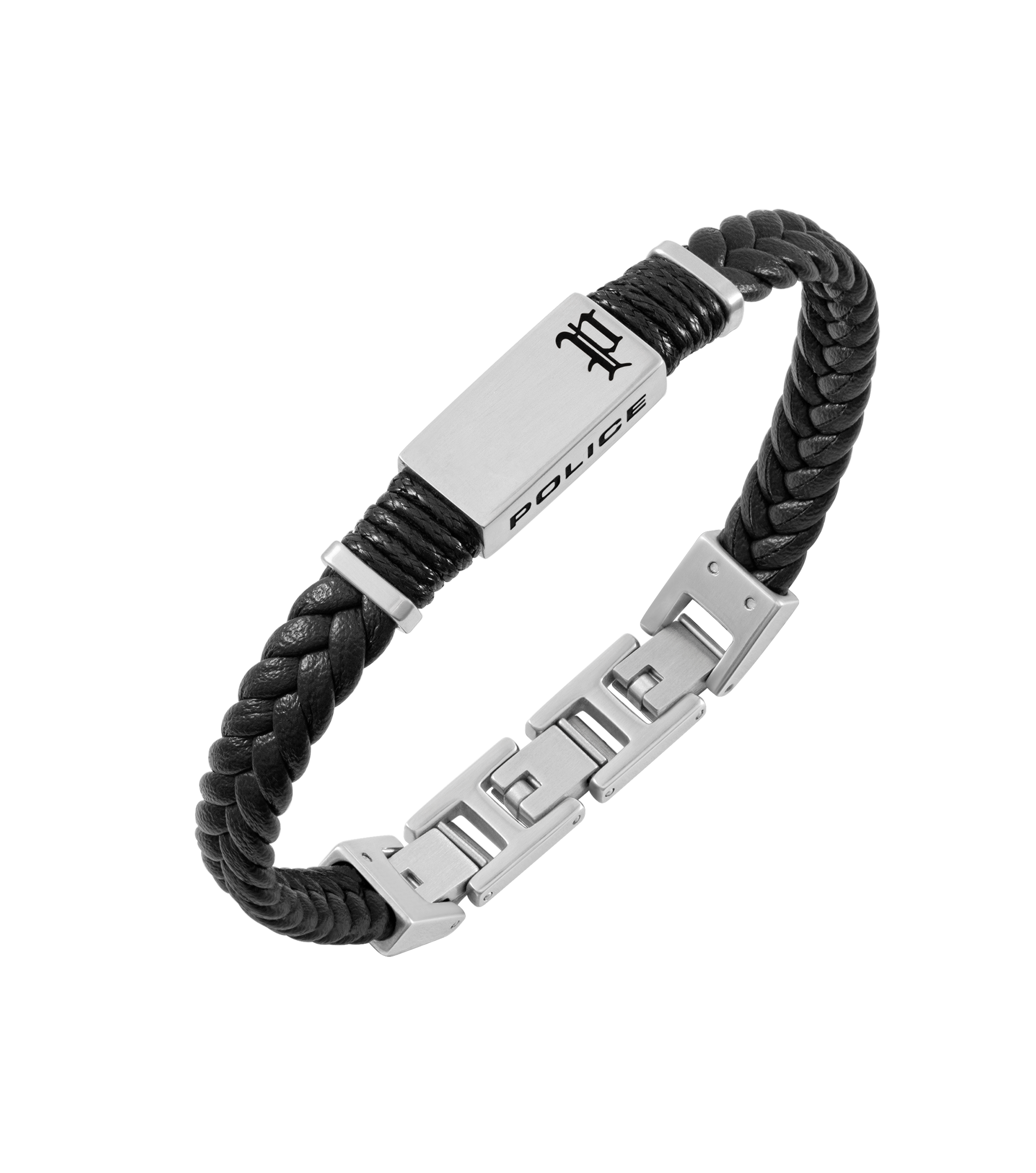 Police Ridgecord Men's Black Braided Leather & Stainless Steel Bracelet