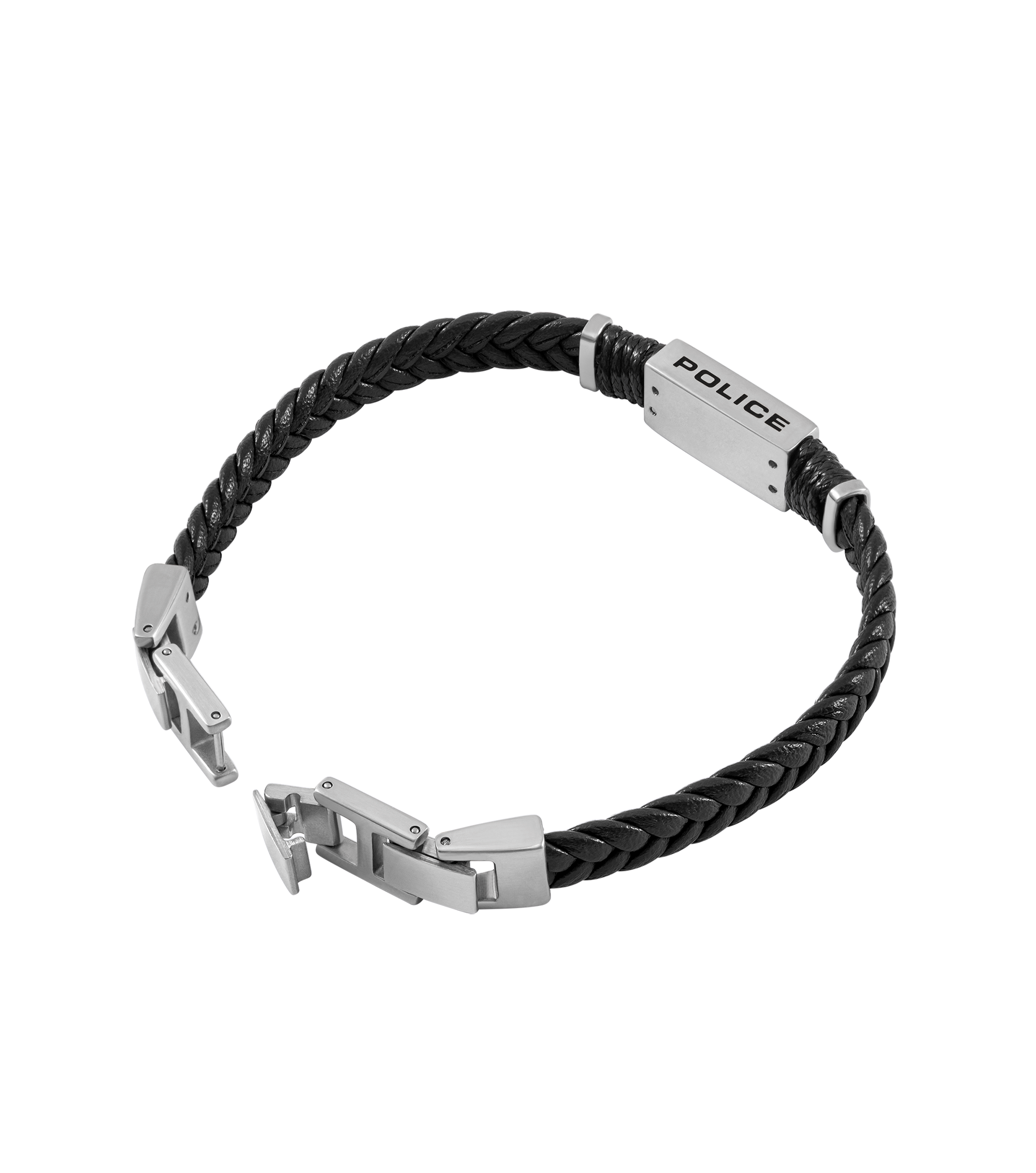 Police Ridgecord Men's Black Braided Leather & Stainless Steel Bracelet