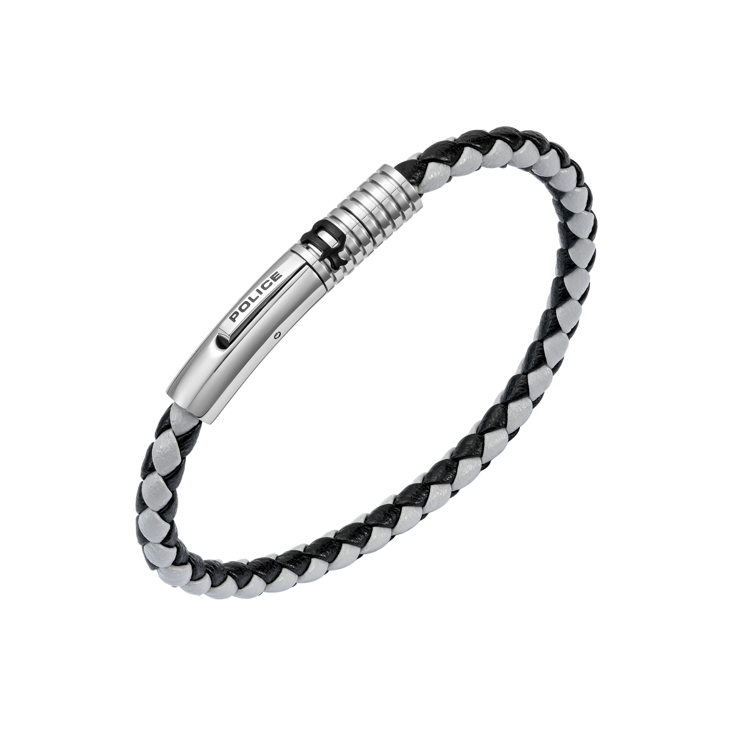 Police Modish Stainless Steel Bracelet with Black and Grey Leather Straps Police Modish Stainless Steel Bracelet with Black and Grey Leather Straps