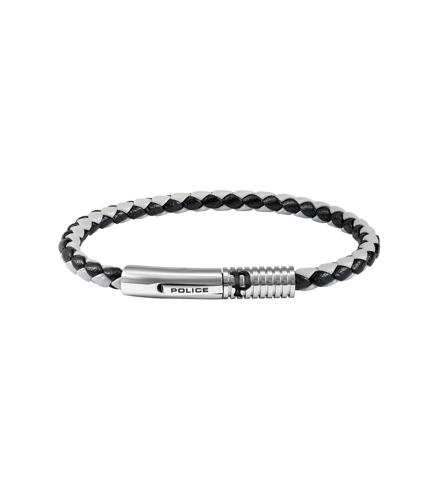 Police Modish Stainless Steel Bracelet with Black and Grey Leather Straps Police Modish Stainless Steel Bracelet with Black and Grey Leather Straps
