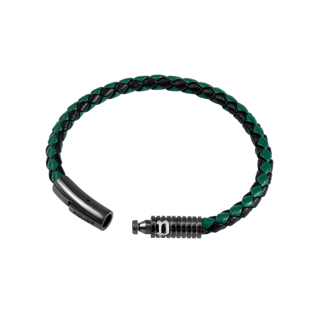 Police Modish Gunmetal and Stainless Steel Bracelet with Olive Green and Black Leather Straps