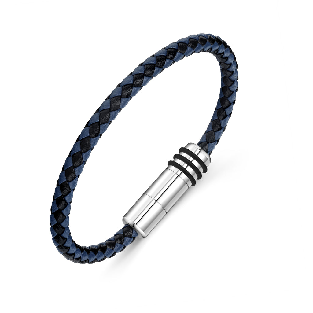 Police Men's Gear Black & Blue Leather with Stainless Steel Motif Bracelet