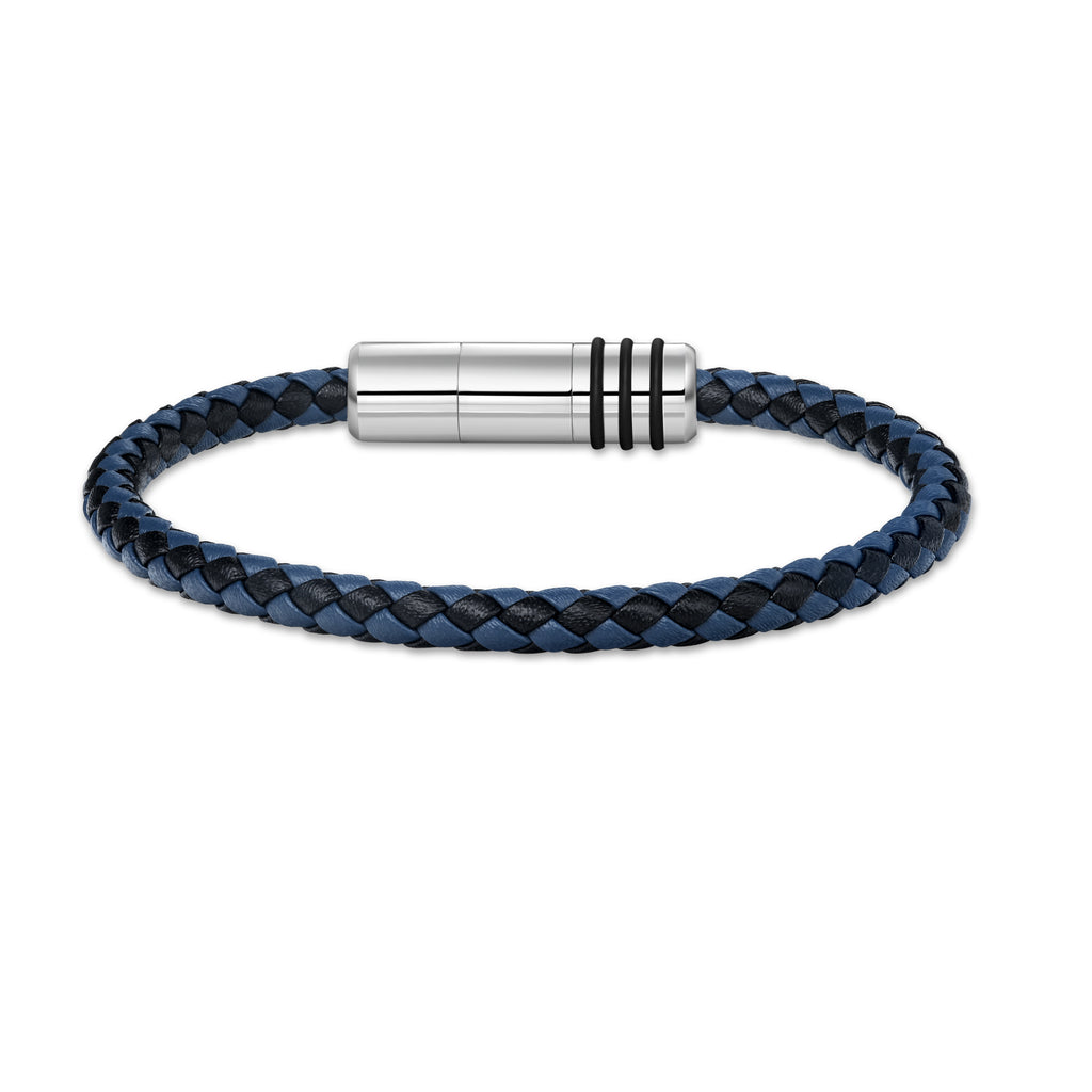 Police Men's Gear Black & Blue Leather with Stainless Steel Motif Bracelet