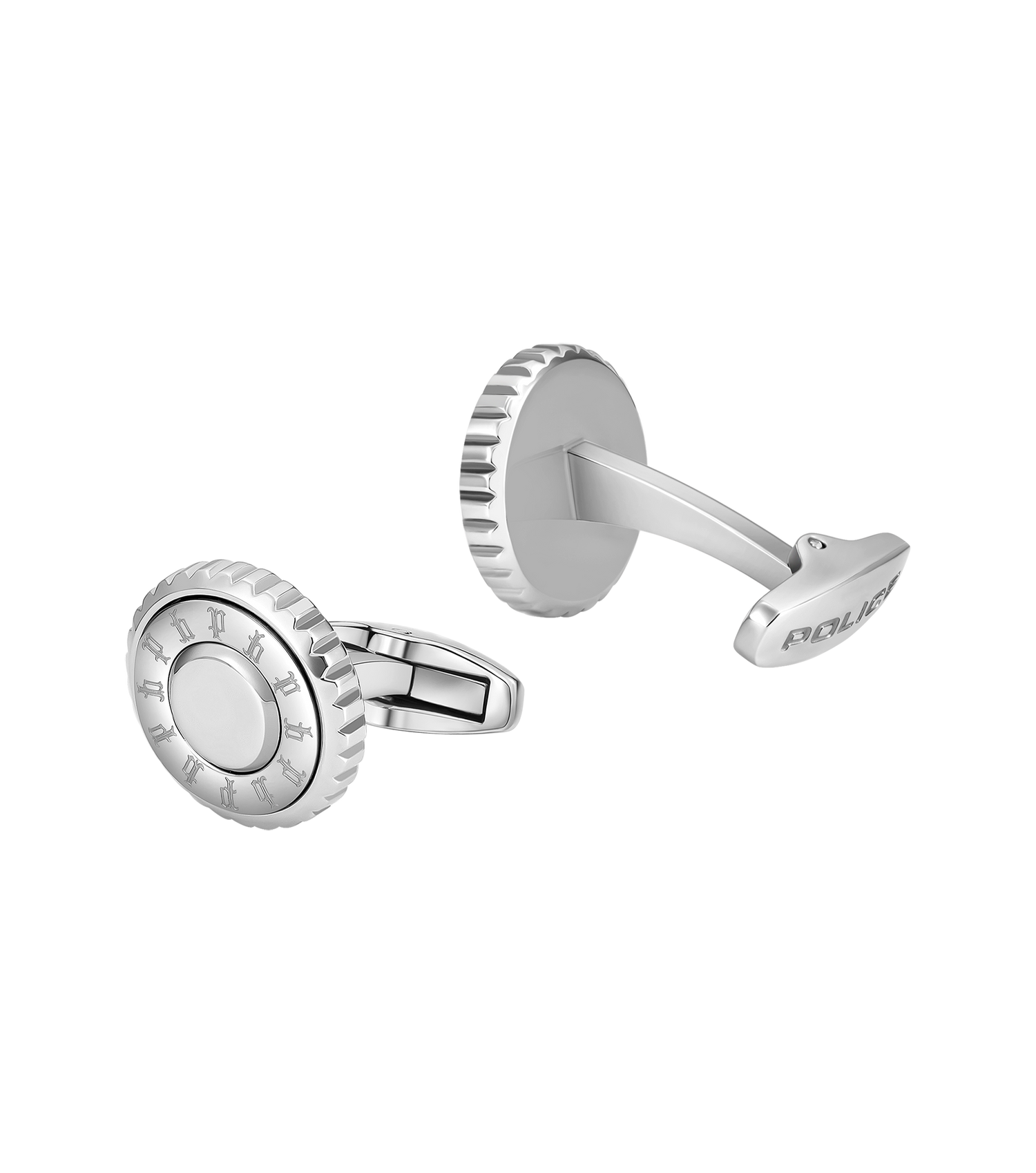 Police Fluted Stainless Steel Cufflinks with Multi-P Emblem