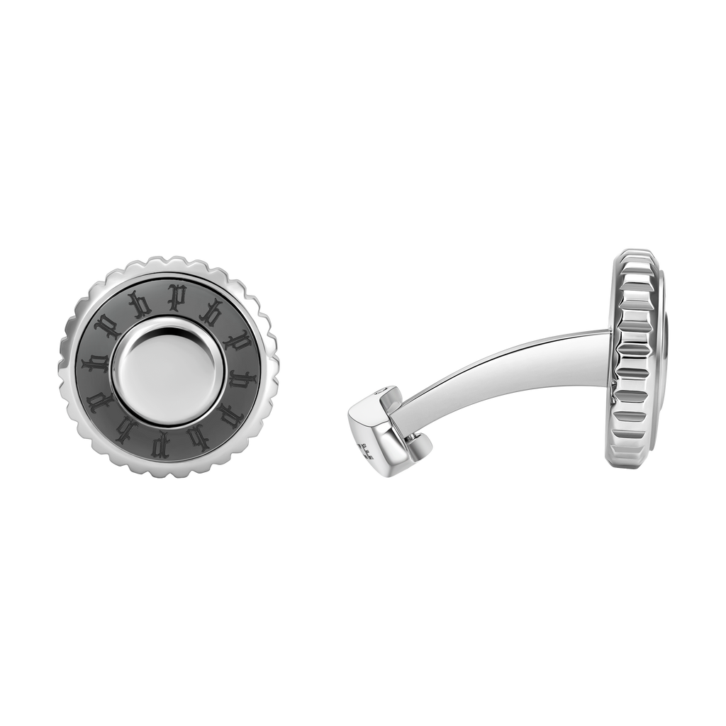 Police Fluted Stainless Steel & Gunmetal Cufflinks with Multi-P Emblem